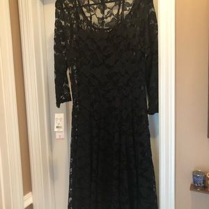 New Leslie Fay Black Lace Dress with Black Polyester Lining. Size 6.